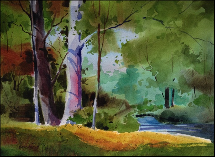 wc painting: Two large tress overlook a stream in the rich green forest.